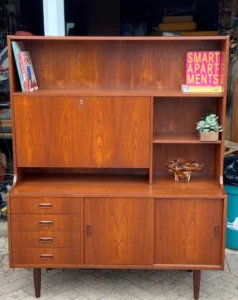 Danish Mid Century Modern Teak High Sideboard Buffet Bar has been stripped, sanded and refinished to almost like new in its new home, Beat Street 