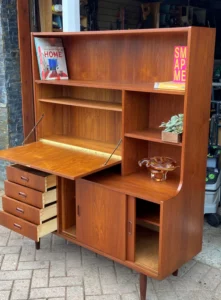 Danish Mid Century Modern Teak High Sideboard Buffet Bar has been stripped, sanded and refinished to almost like new in its new home, Beat Street 